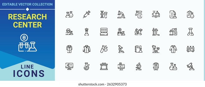 Research Center line icon set. Pictograms of scientific, analysis, experiment, physics, biology and more. Laboratory icon. Simple line vector icons. Editable stroke. Vector collection.