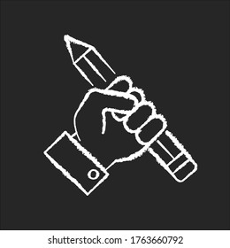 Research chalk white icon on black background. Creative writing. Freedom of speech. Freelancer workshop. Journalism success. Fist with pencil. Isolated vector chalkboard illustration