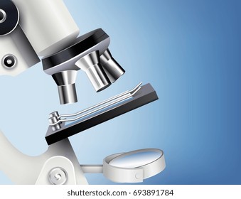 Research colored background with lenses from white realistic microscope on blue background vector illustration