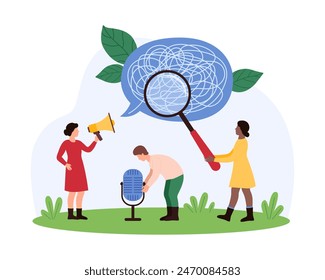 Research of communication problems, difficult discussion, talk therapy process. Tiny people study chaos and confusion of threads from speech bubble with magnifying glass cartoon vector illustration