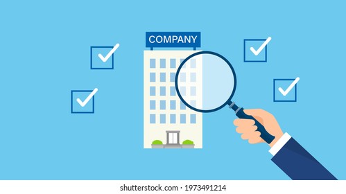 Research company image,hand holding magnifying glass,blue background,vector illustration