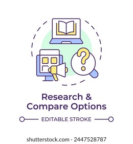 Research and compare options multi color concept icon. Library management systems. Round shape line illustration. Abstract idea. Graphic design. Easy to use in infographic, blog post