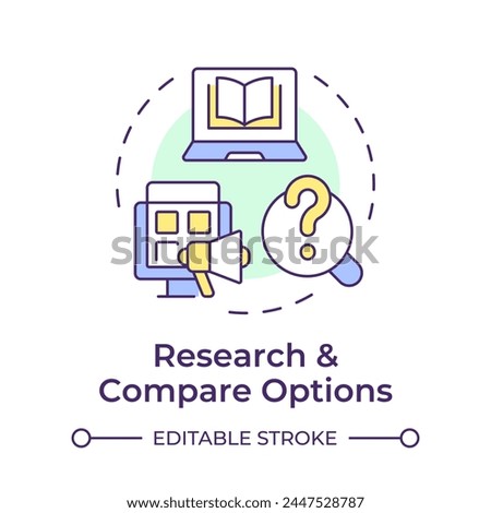 Research and compare options multi color concept icon. Library management systems. Round shape line illustration. Abstract idea. Graphic design. Easy to use in infographic, blog post