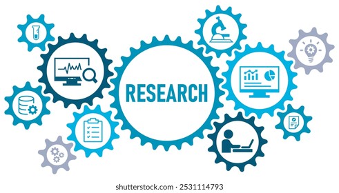Research concept banner web website icons vector illustration with icons of analysis, data, survey, development, fact, knowledge, data entry on white background solid icons editable icons