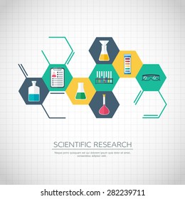 Research concept. Chemical banner, background, cover. Chemical icons. Flat design. vector illustration