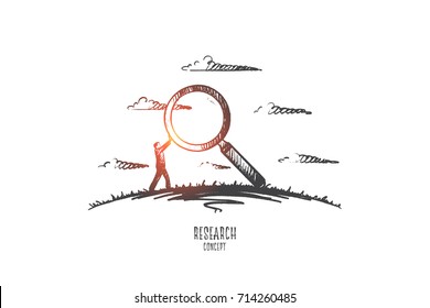 Research concept. Hand drawn man with magnifier as symbol of researching. Male scientist isolated vector illustration.
