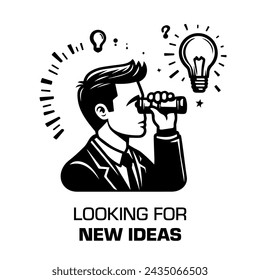 Forschungskonzept - Der Mensch sucht neue Ideen durch Ferngläser. Glühbirnen-Illustration und Fragezeichen umgeben ihn