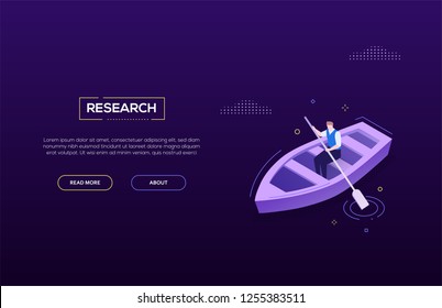 Research concept - modern isometric vector web banner on dark blue background. High quality colorful illustration with businessman, manager rowing a boat, trying to achieve goal, exploring the field