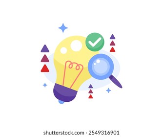 research concept. search for ideas, solutions, inspiration, innovation, and thinking. creativity. illustration of light bulb, magnifying glass, and check mark. symbol or icon. flat style design