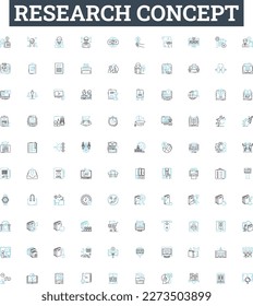 Conjunto de iconos de línea vectorial de concepto de investigación. Análisis, Encuesta, Experimento, Modelación, Muestreo, Teoría, Hipótesis Ilustración Esquema de símbolos y signos