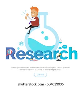 Research conceptual web banner. Happy applauding man seating on huge laboratory flask, books, microscope, magnifier, atom icons beside. For laboratory, scientific research center landing page design