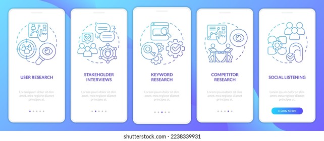 Research for content design blue gradient onboarding mobile app screen. Data walkthrough 5 steps graphic instructions with linear concepts. UI, UX, GUI template. Myriad Pro-Bold, Regular fonts used