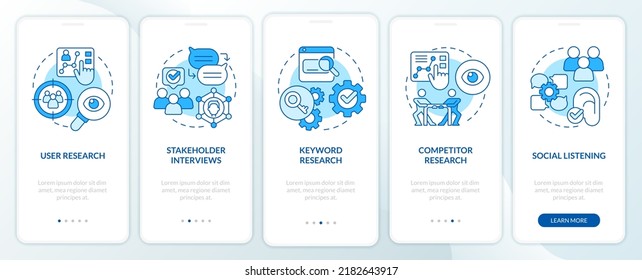 Research for content design blue onboarding mobile app screen. Data walkthrough 5 steps editable graphic instructions with linear concepts. UI, UX, GUI template. Myriad Pro-Bold, Regular fonts used