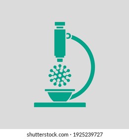 Research Coronavirus By Microscope Icon. Green on Gray Background. Vector Illustration.