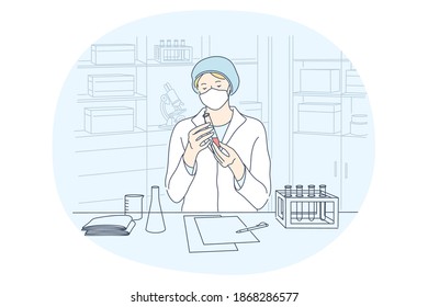 Research of coronavirus vaccine in medical laboratory concept. Young woman doctor scientist in medical face mask sitting making research of COVID-19 vaccine for patients vaccination illustration 