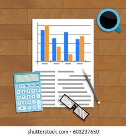 Research and count statistics. Analysis paper economy, calculating report, vector illustration