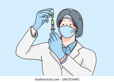 Research of Covid-19 virus vaccine concept. Young woman scientist in medical medical face mask looking at syringe in laboratory doing some research vector illustration 