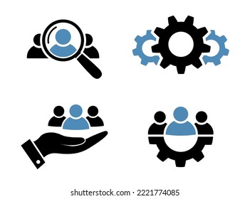 Research, customer retention, process and teamwork icon set in flat style Search man, progress, customer care and leadership symbols Black and blue business icon Vector illustration for graphic design