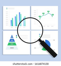 Research data analysis graph concept. predictive analyses to promote the strategic goals with magnifying glass and charts. vector illustration