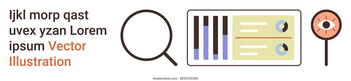 Research, data analysis, statistics, information visualization, focus, investigation. Magnifying glass, bar charts and eye symbol. Research and data analysis conceptual visuals