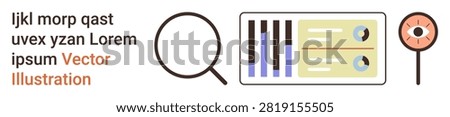 Research, data analysis, statistics, information visualization, focus, investigation. Magnifying glass, bar charts and eye symbol. Research and data analysis conceptual visuals