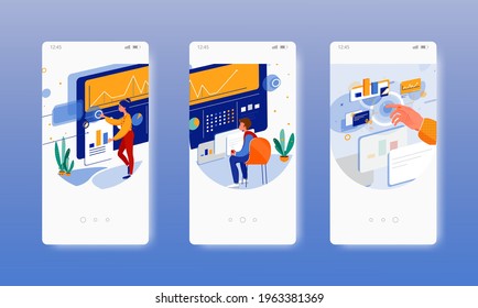 Research data. Dashboard. Data analysis. Mobile app screens, vector website banner template. UI, web site design.
