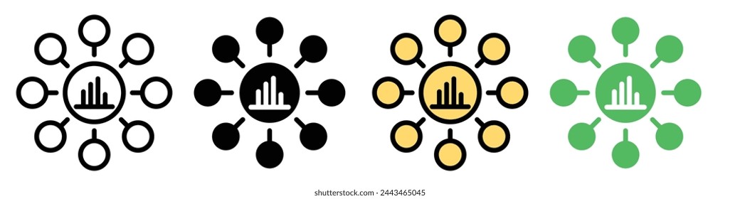 Research and Data Gathering Icons in Vector for Business Information Compilation from Multiple Sources