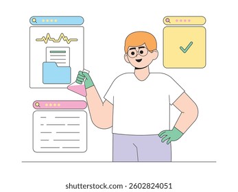 Research data results by researchers, semi outline style, vector illustration.