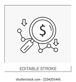  Research decreases line icon. Examine money symbol through a magnifying glass. Business concept. Isolated vector illustration. Editable stroke