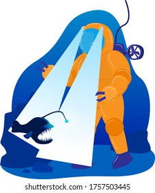 Research deep bottom ocean, male character diving costume explore deepwater isolated on white, cartoon vector illustration. Study flora and fauna, concept underwater work sea submariner.