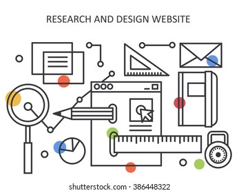 Research and design website in line  design . Vector illustration .  Apply to website , book cover , poster ,  infographics .