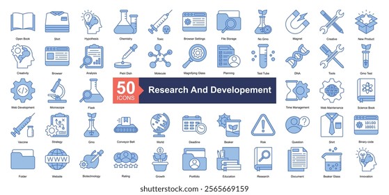 Research and Developement Icon Collection Set.Containing creative, new product, creativity, browser, analysis icon. Simple blue style Vector Illustration.