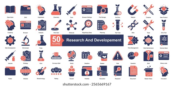 Research and Developement Icon Collection Set.Containing creative, new product, creativity, browser, analysis icon. Simple dual tone style Vector Illustration.