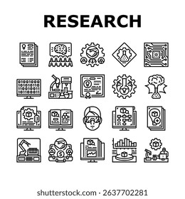 research and development analysis icons set vector. innovation technology, discovery experimentation, prototyping, testing creativity research and development analysis black contour illustrations