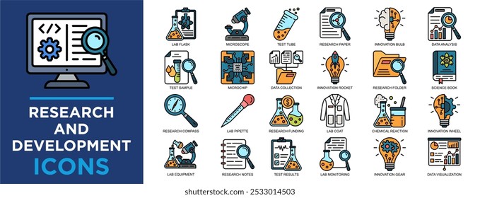 Forschung und Entwicklung, Entwicklung, Forschung, Analyse, Technologie, Wissenschaft Symbolsatz. Kollektion von Gliederungssymbolen. Einfache Vektorgrafik	