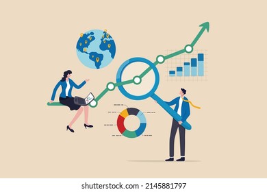 Research and development, analyze data for insight information to improve or optimization, market research to increase growth concept, business people researching with magnifying glass and computer.