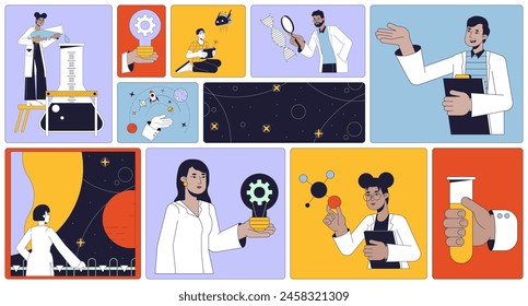 Research and development bento grid illustration set. Chemistry test tube, robotics 2D vector image collage design graphics collection. Multinational researchers flat characters moodboard layout