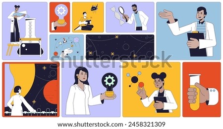 Research and development bento grid illustration set. Chemistry test tube, robotics 2D vector image collage design graphics collection. Multinational researchers flat characters moodboard layout