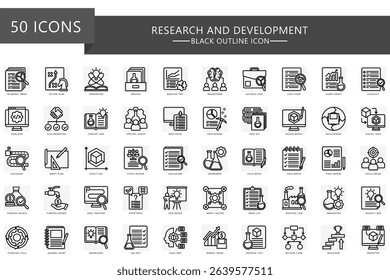 Research and development black outline icons set. contain experiment, evaluation, innovation, development and more. Vector EPS 10 for print, digital UI, UX kit, web and app, for education, industry.