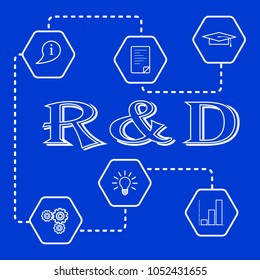 Research and development concept. Graduate cap, document, information icon, gears, idea in bulb shape, bar chart.
