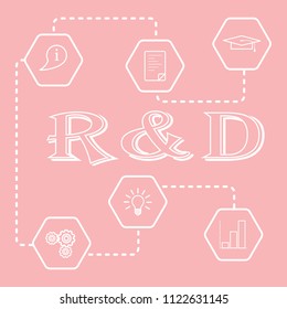 Research and development concept. Graduate cap, document, information icon, gears, idea in bulb shape, bar chart.