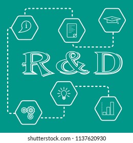 Research and development concept. Graduate cap, document, information icon, gears, idea in bulb shape, bar chart.