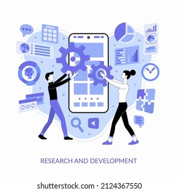 Research and development concept. A man and a woman start the process of designing, finding new solutions and solving problems in the development of a new product. Flat design vector illustration.
