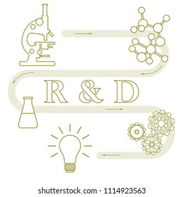 Research and development concept. Microscope, gears, flask, molecule, idea in bulb shape. 