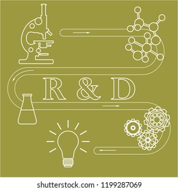 Research and development concept. Microscope, gears, flask, molecule, idea in bulb shape. 
