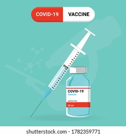 Research and development to create COVID-19 vaccine.  Design by blue vaccine bottle and injection syringe. Concept of Vaccines to provention or fight against Coronavirus. Vector illustration