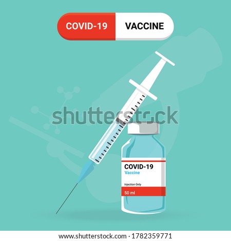 Research and development to create COVID-19 vaccine.  Design by blue vaccine bottle and injection syringe. Concept of Vaccines to provention or fight against Coronavirus. Vector illustration