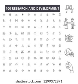 Research and development editable line icons, 100 vector set, collection. Research and development black outline illustrations, signs, symbols