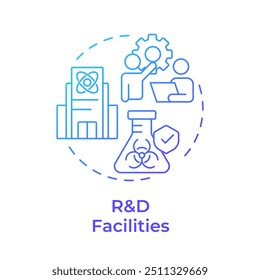 Ícone de conceito de gradiente azul da instalação de pesquisa e desenvolvimento. Tipo de propriedade industrial. Laboratório científico. Ilustração de linha de forma redonda. Ideia abstrata. Design gráfico. Fácil de usar no folheto