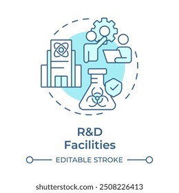 Ícone de conceito azul suave da facilidade de pesquisa e desenvolvimento. Tipo de propriedade industrial. Laboratório científico. Ilustração de linha de forma redonda. Ideia abstrata. Design gráfico. Fácil de usar no folheto